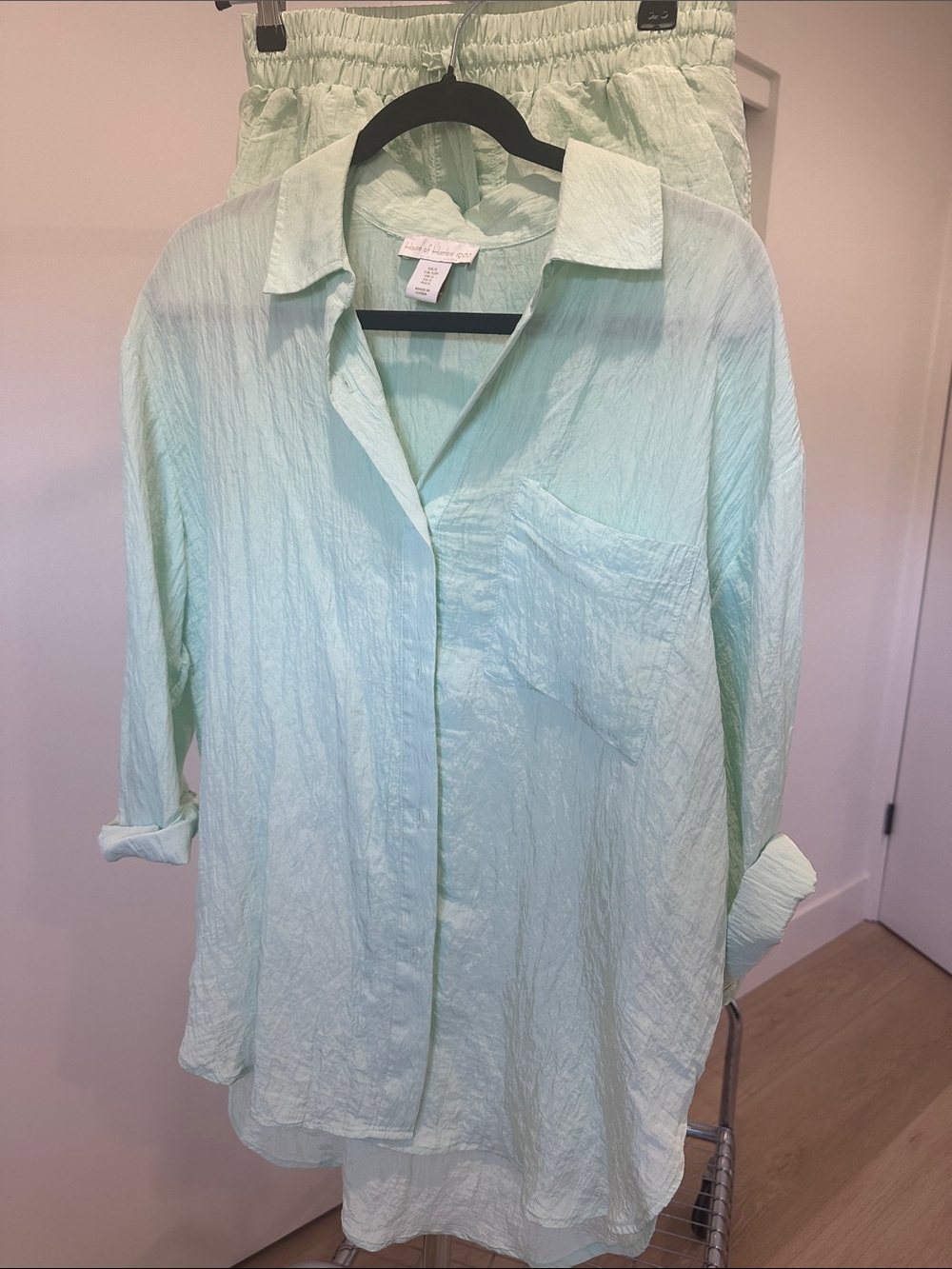Mint Green Crinkled Button-Up Shirt
